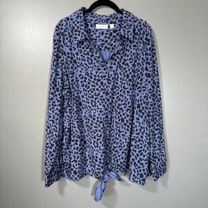 Belle Kim Gravel Blue Animal Print Button Up Shirt - Size 1X - Women's Plus Size